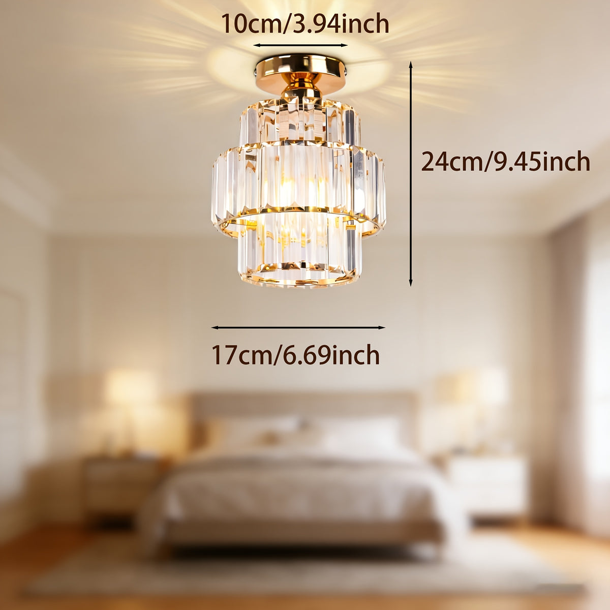 Petit lustre en cristal doré à prismes étagés, Ø 17 cm, E27