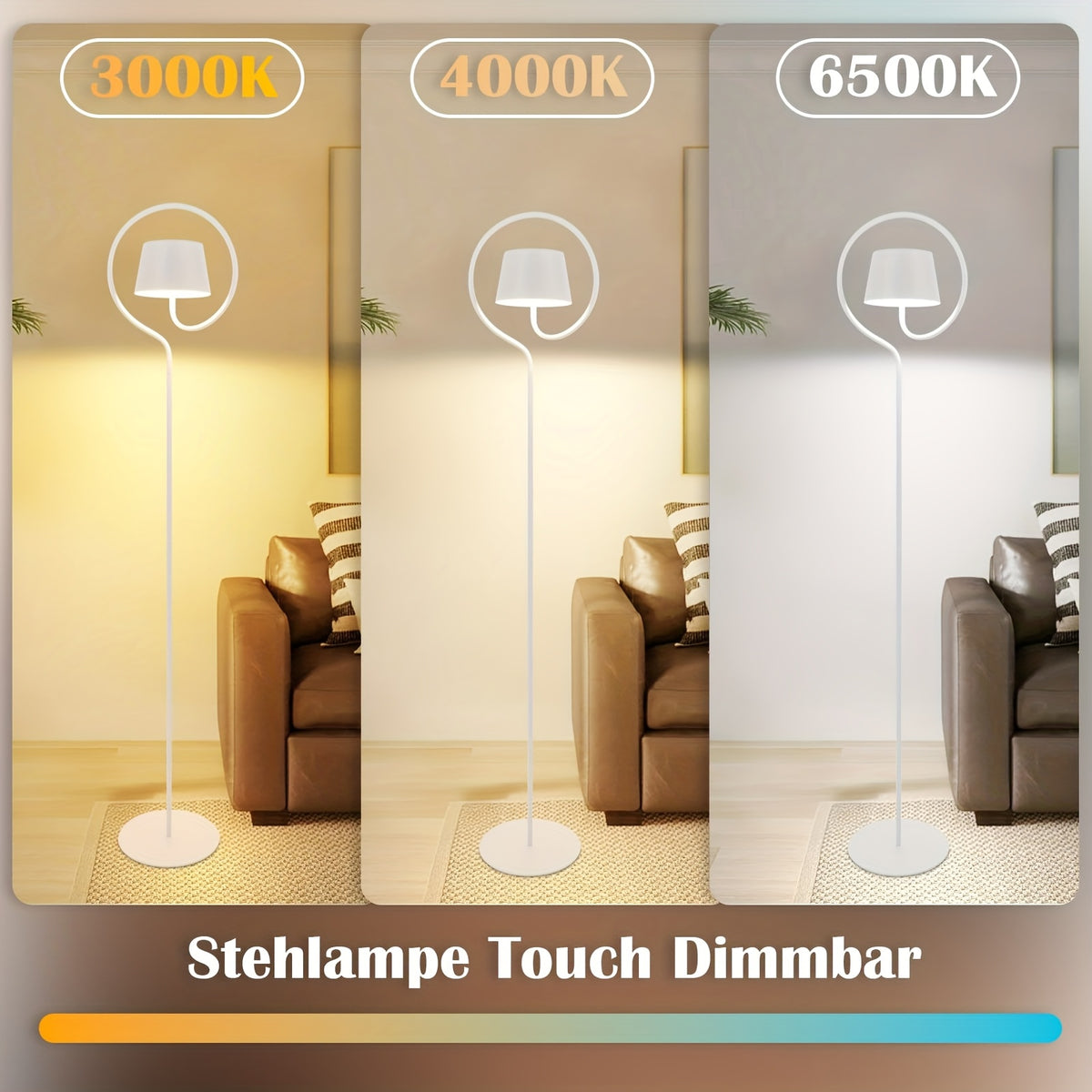 Lampadaire sans fil rechargeable blanc à anneau, tactile, 120 cm