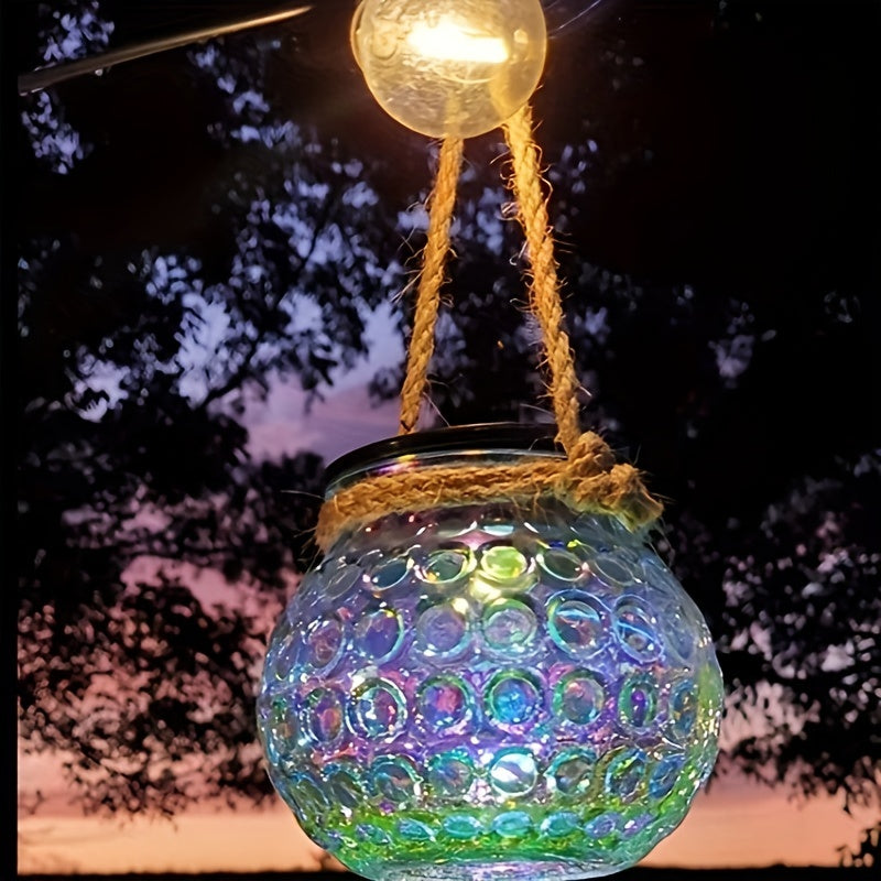 Lot de 2 lanternes solaires bocal en verre irisé, anse en corde