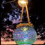 Lot de 2 lanternes solaires bocal en verre irisé, anse en corde