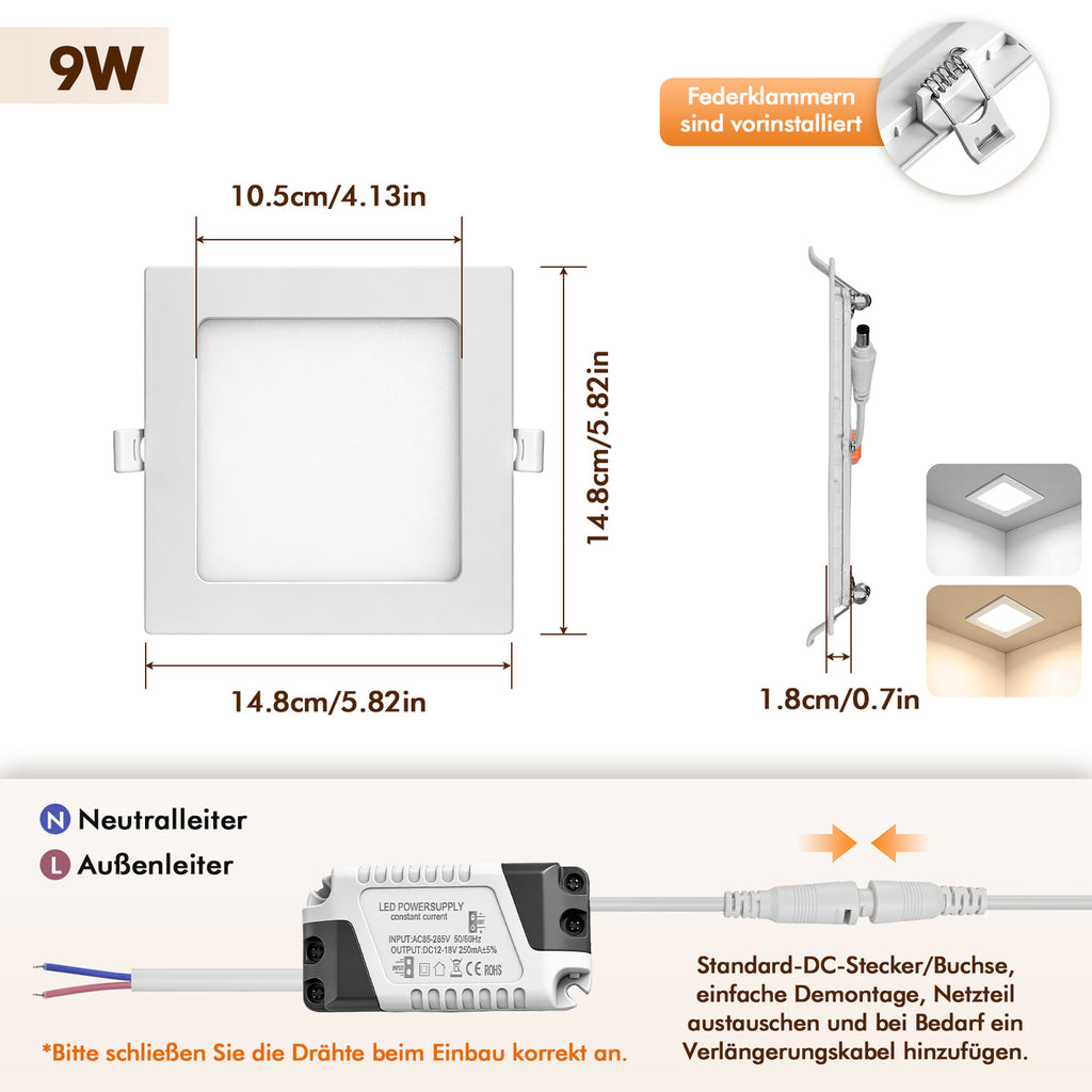 Lot de 5 spots LED carrés 9W sans scintillement, 14,8 x 14,8 cm