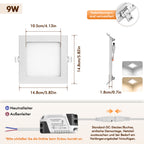 Lot de 5 spots LED carrés 9W sans scintillement, 14,8 x 14,8 cm