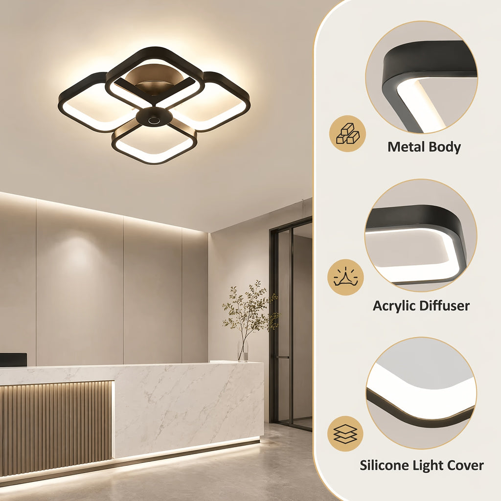 Plafonnier LED à quatre pétales carrés, 18 W, noir ou blanc, 33 cm