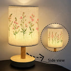 Lampe de chevet USB à abat-jour fleuri et pied effet bois clair