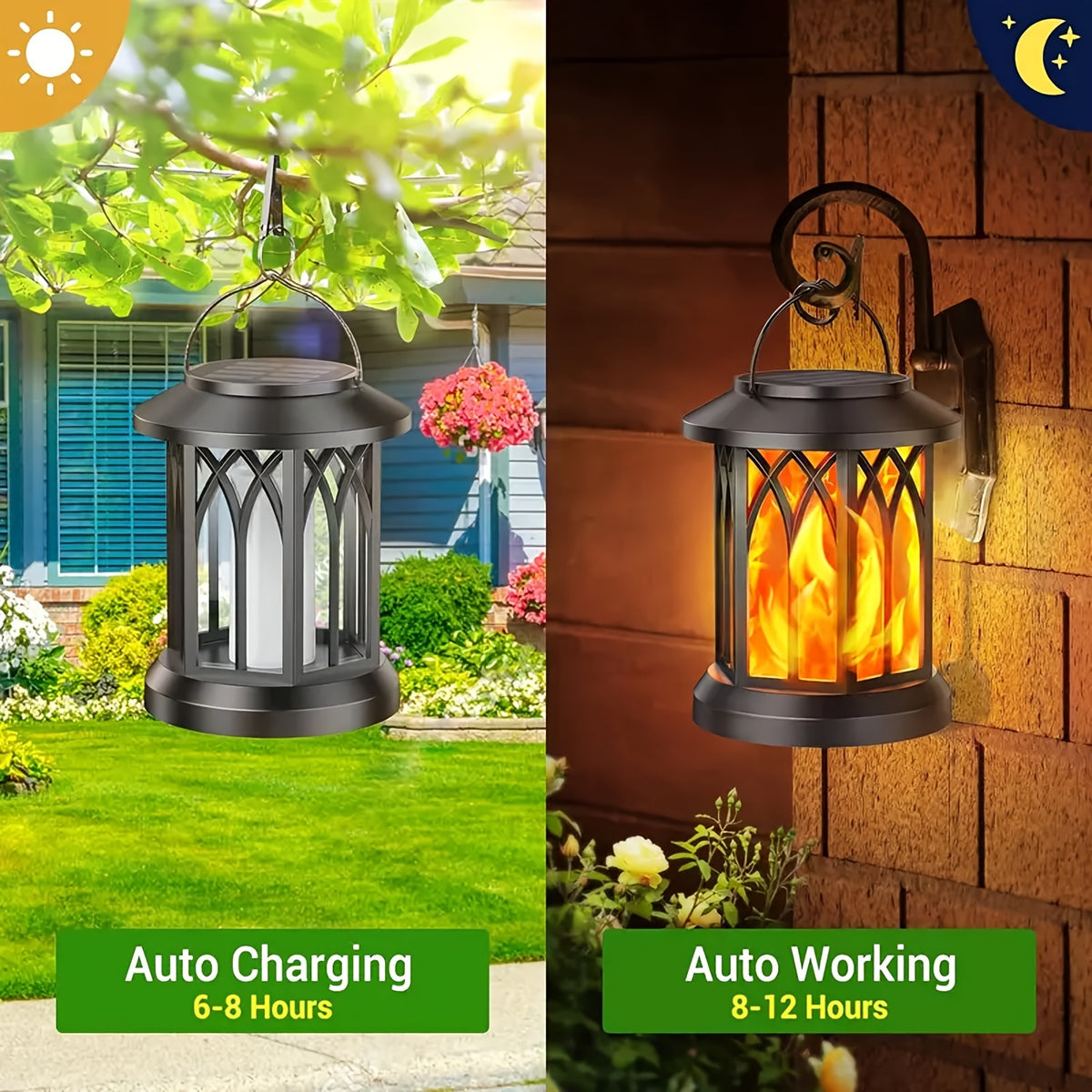 Lot de 2 lanternes solaires à flamme vacillante, noir ou bronze