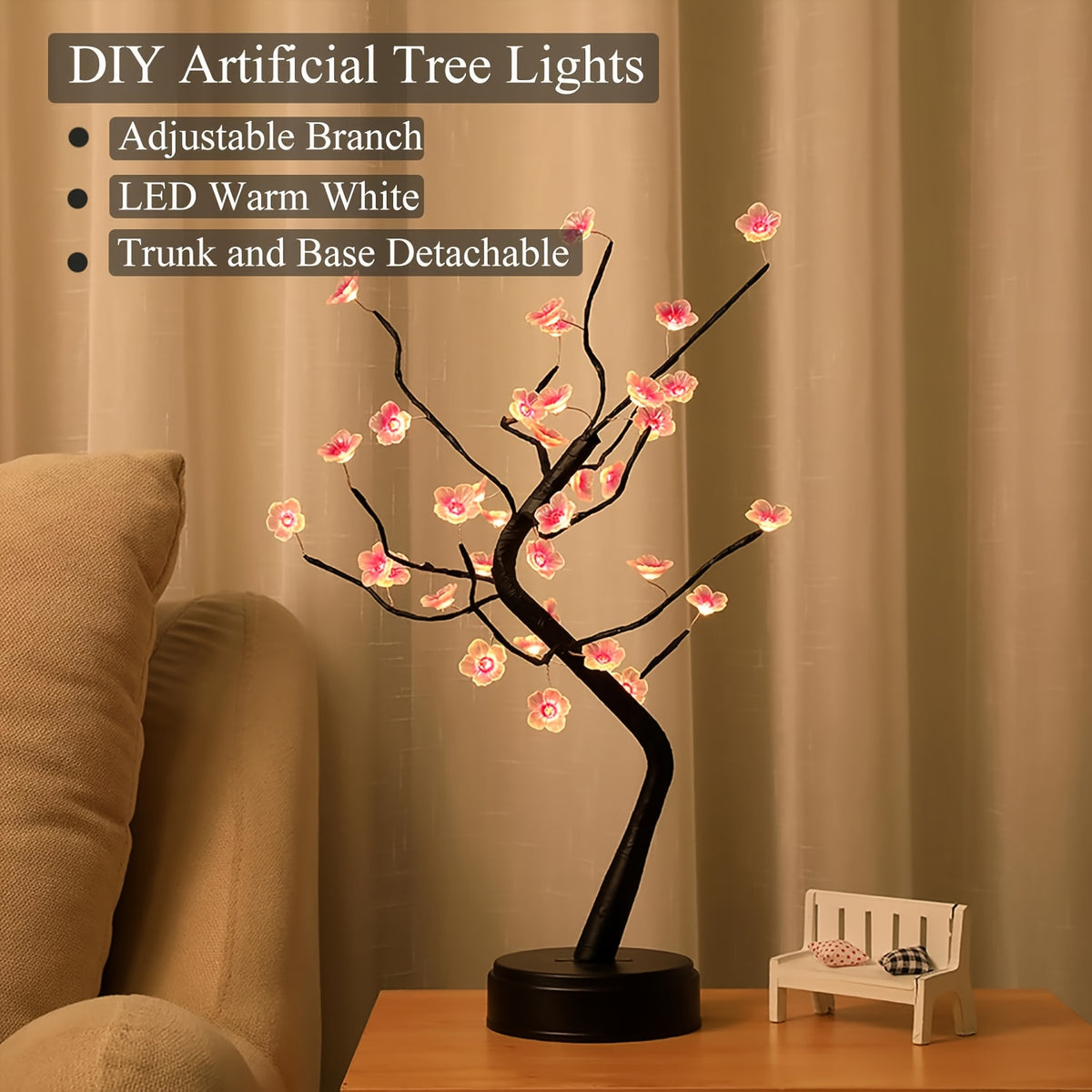 Lampe arbre à fleurs de prunier LED, 45 cm, branches modelables