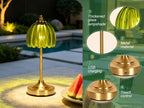 Lampe de chevet sans fil en verre nervuré vert ou orange, pied doré