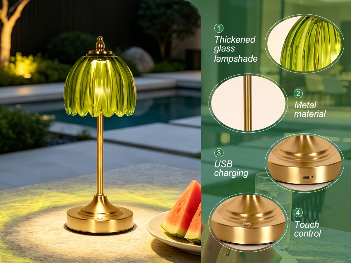 Lampe de chevet sans fil en verre nervuré vert ou orange, pied doré
