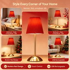 Lampe de chevet sans fil rouge, abat-jour plissé et pied doré