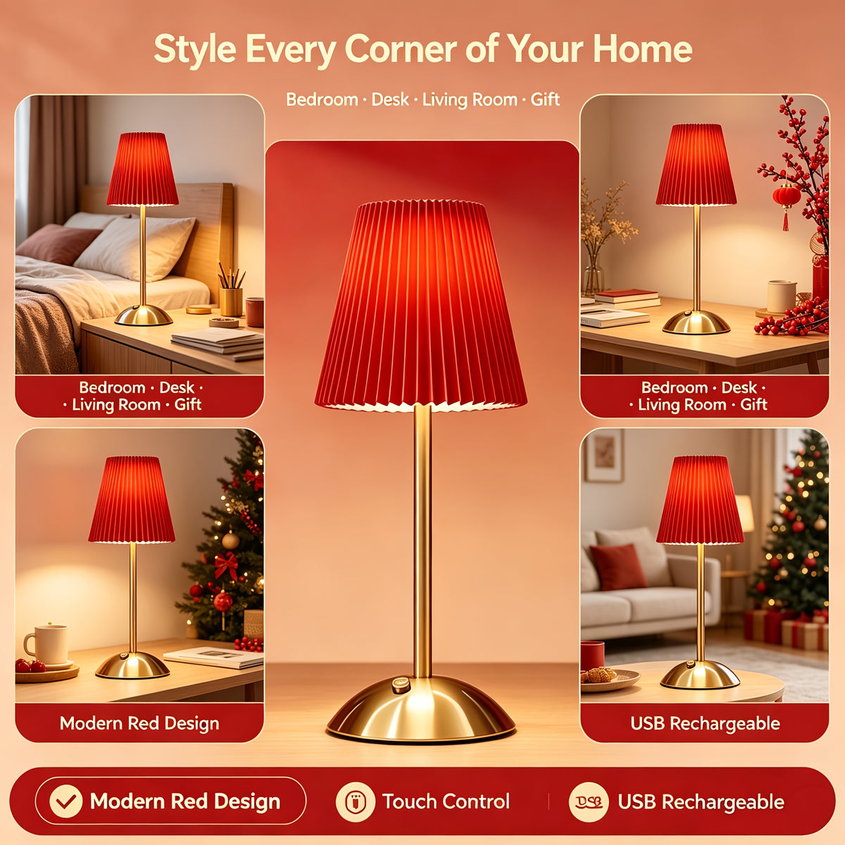 Lampe de chevet sans fil rouge, abat-jour plissé et pied doré