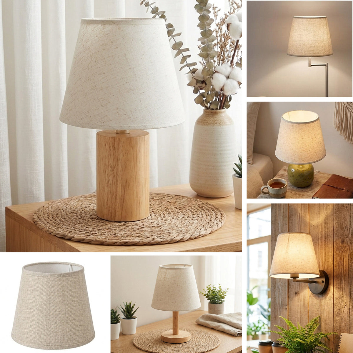 Abat-jour conique en toile de lin beige pour lampe et applique