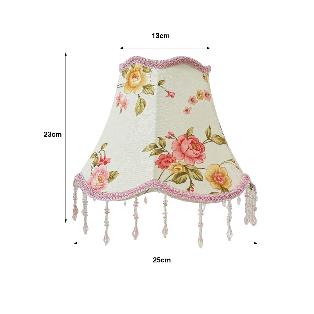 Abat-jour cloche imprimé de roses, galon et pampilles roses, Ø 25 cm