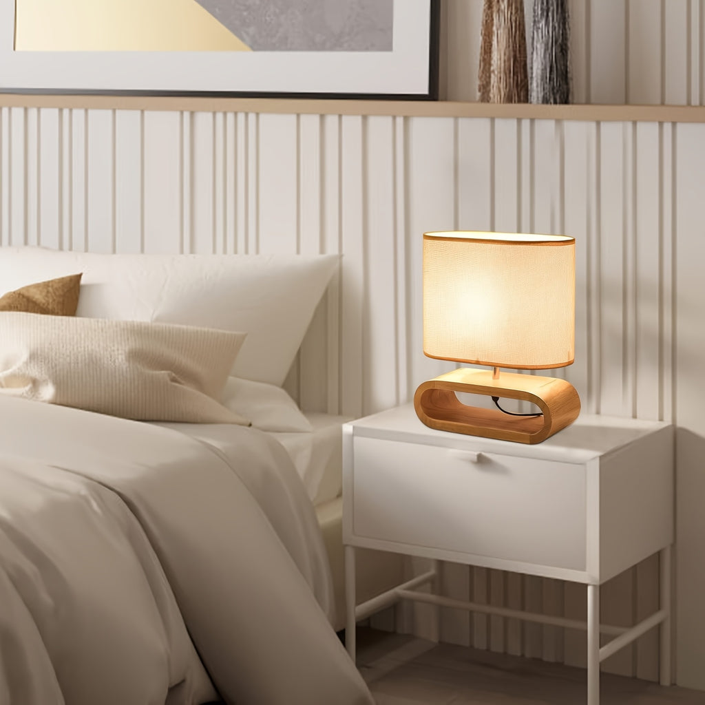 Lampe de chevet socle ovale en bois et abat-jour en lin, USB