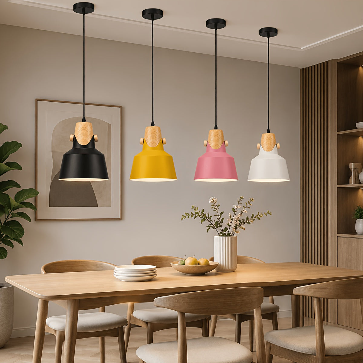 Suspension trompette, col effet bois, jaune, rose, noir ou blanc