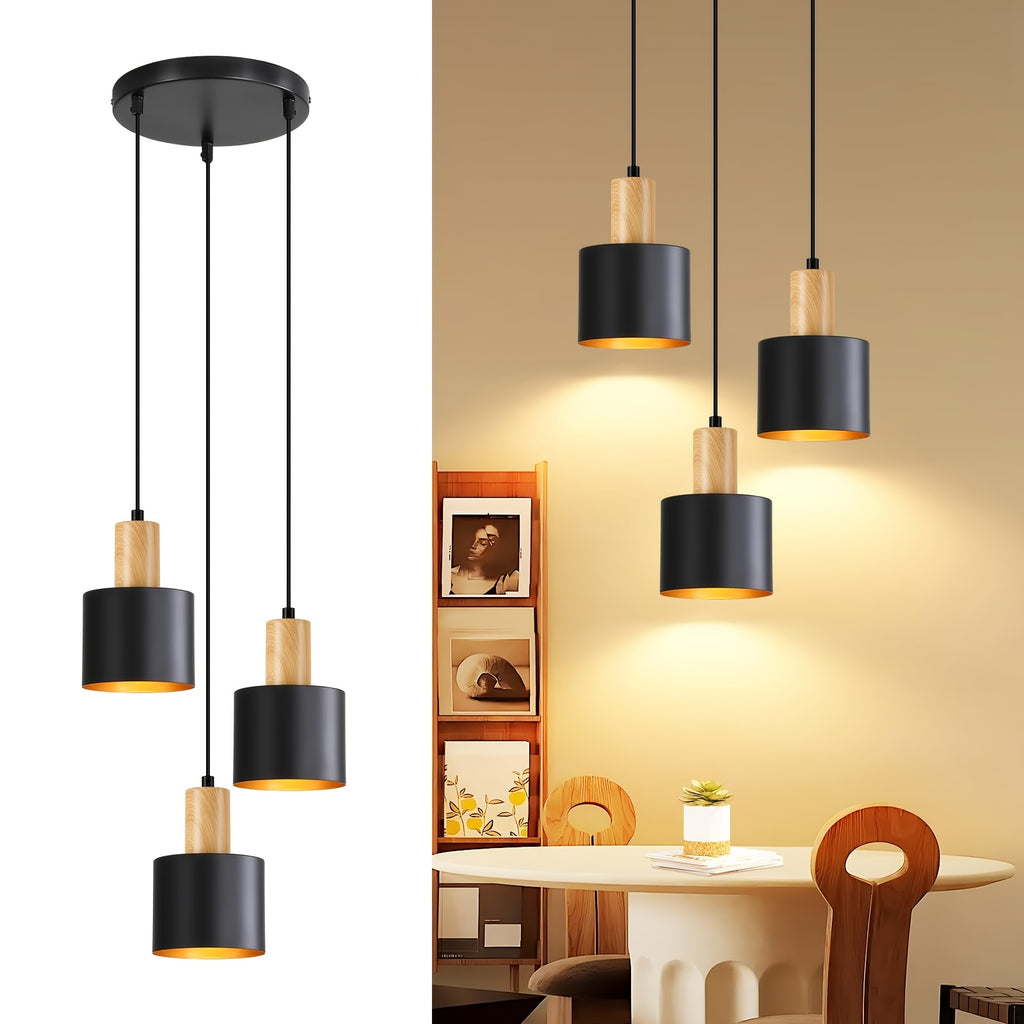 Suspension 3 abat-jour noirs à col effet bois, intérieur doré