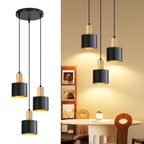 Suspension 3 abat-jour noirs à col effet bois, intérieur doré