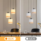 Suspension 3 lumières en tissu blanc à bande beige, rosace ou barre
