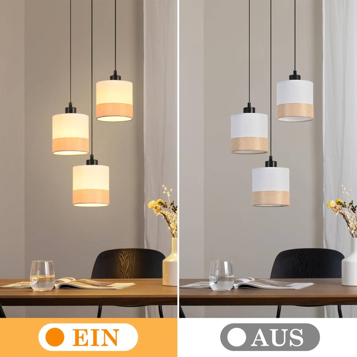 Suspension 3 lumières en tissu blanc à bande beige, rosace ou barre