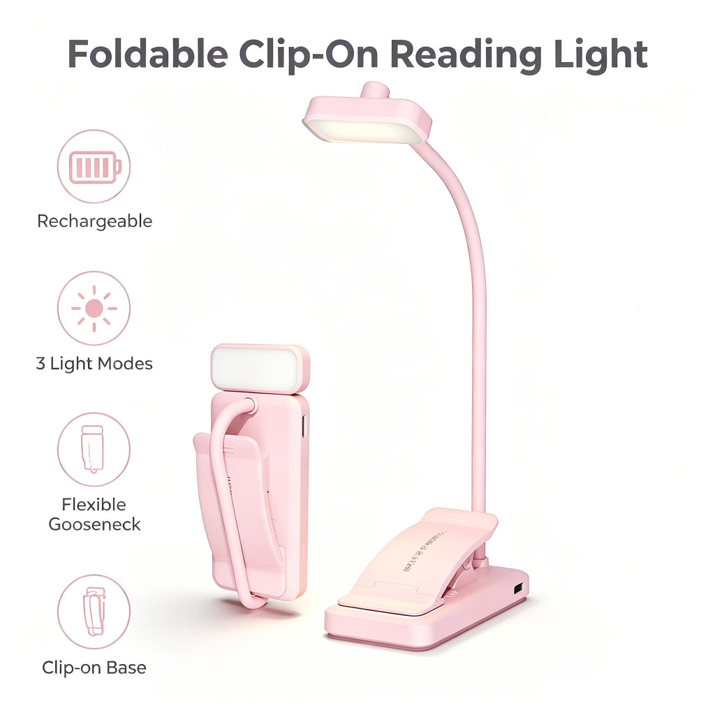 Lampe de lecture à pince rose pliable, col silicone, recharge USB