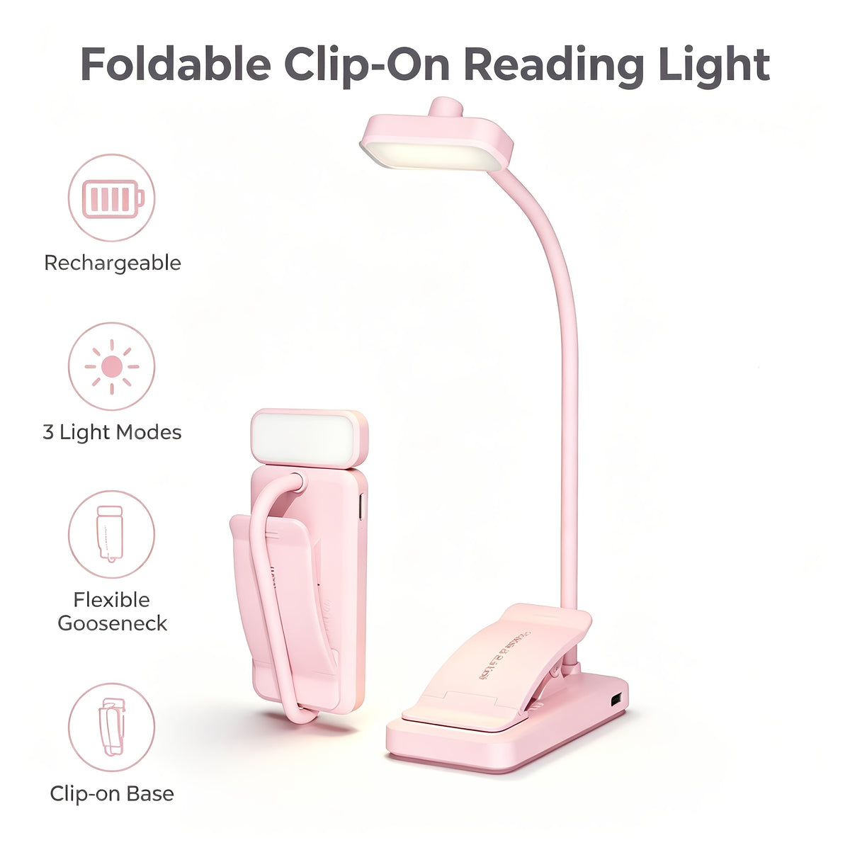 Lampe de lecture à pince rose pliable, col silicone, recharge USB
