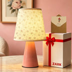 Lampe de chevet rose en lin à roses pastel et nœuds, coffret cadeau
