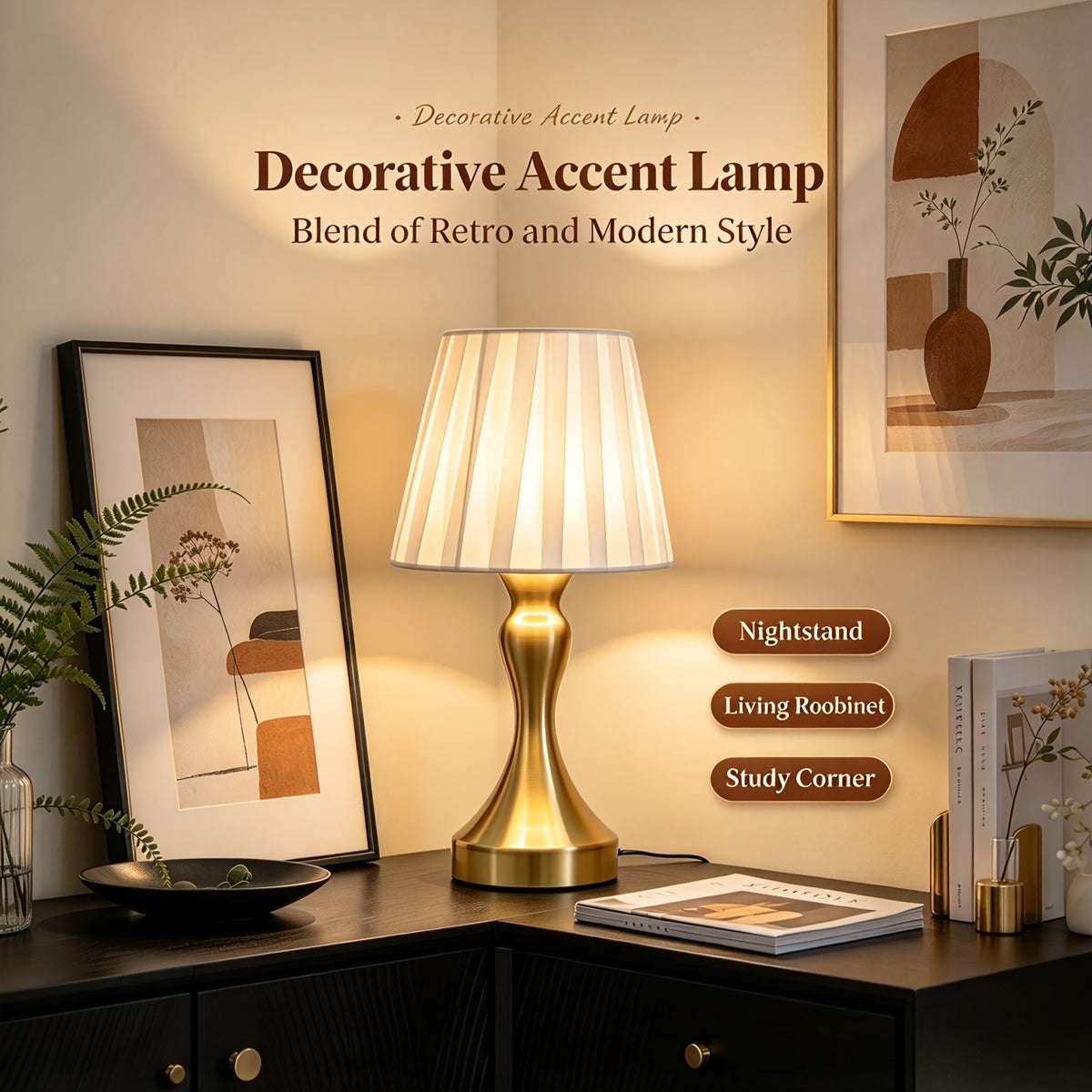 Lampe de chevet rétro au pied balustre doré, tissu plissé blanc, USB