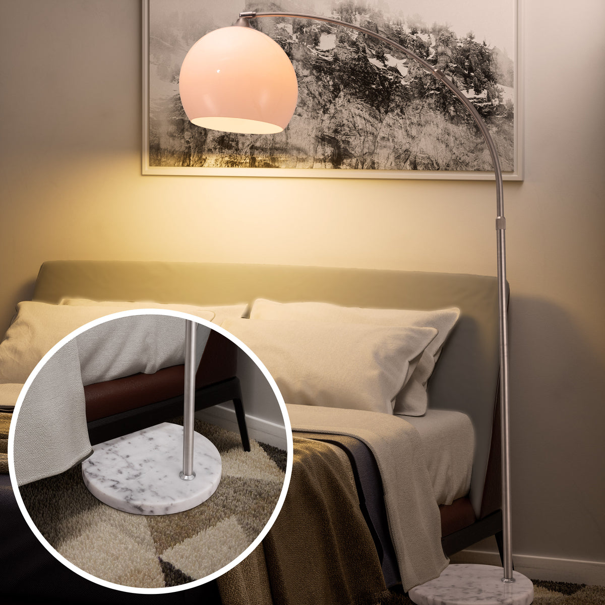 Lampadaire arc blanc, globe orientable et socle en marbre, 190-210 cm
