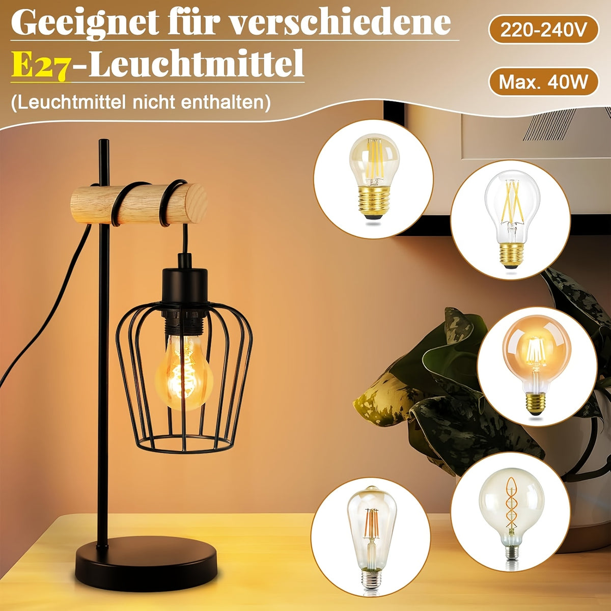 Lampe de table industrielle à cage suspendue, métal noir et bois