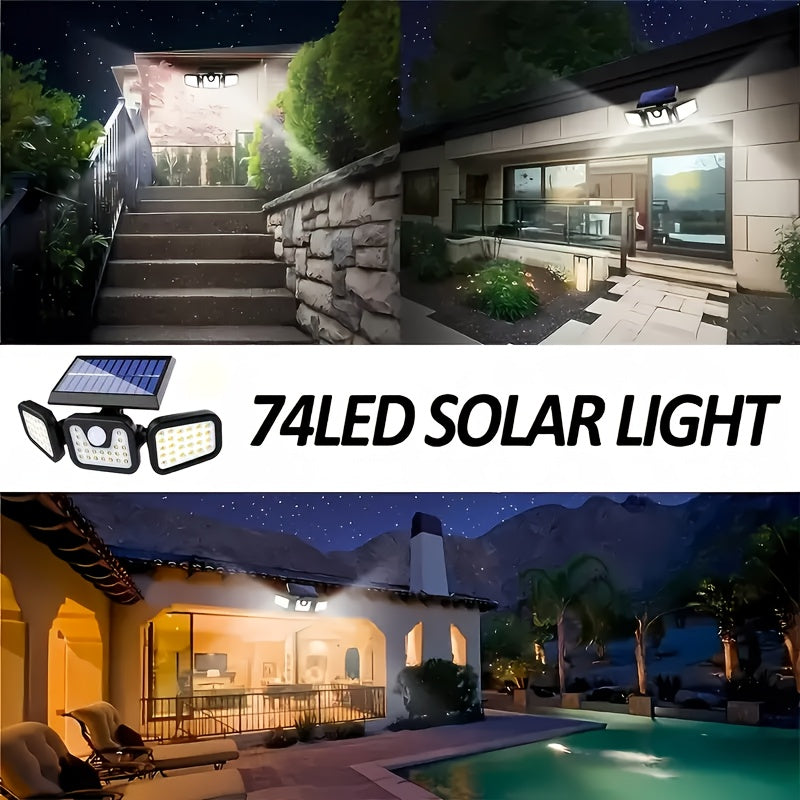 Applique solaire 74 LED à têtes orientables, 800 lumens, détecteur