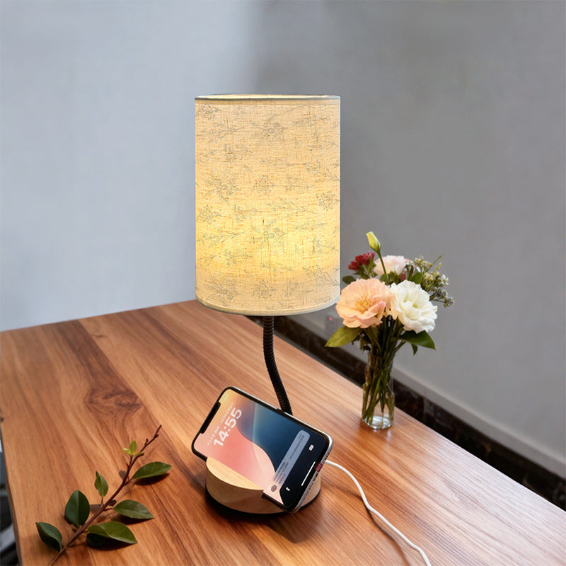 Lampe de chevet col flexible, abat-jour imprimé de brins fleuris gris