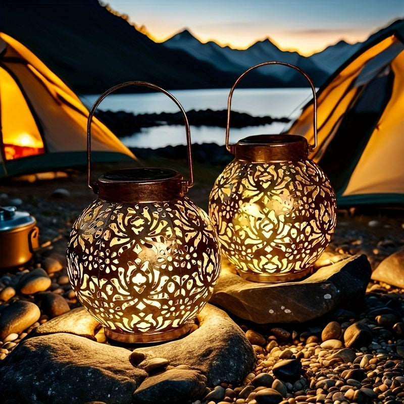 Lot de 2 lanternes solaires boules ajourées dorées, style marocain