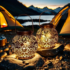 Lot de 2 lanternes solaires boules ajourées dorées, style marocain