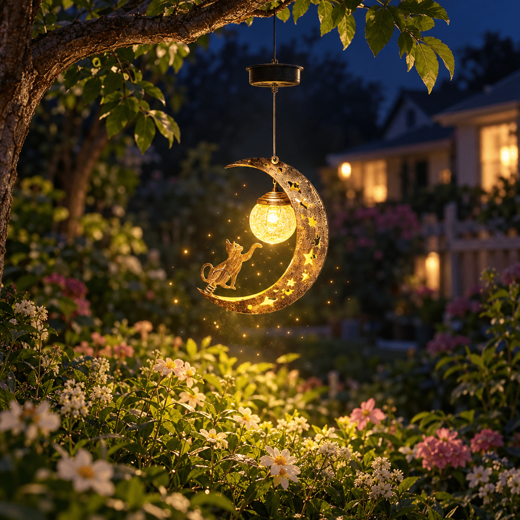 Suspension solaire croissant de lune et chat, globe craquelé doré