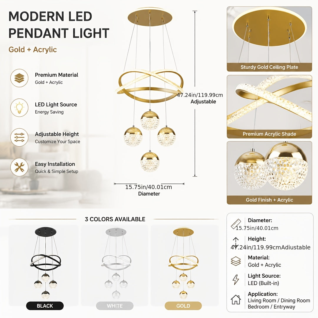 Lustre LED anneaux croisés et trois globes effet cristal, Ø 40 cm