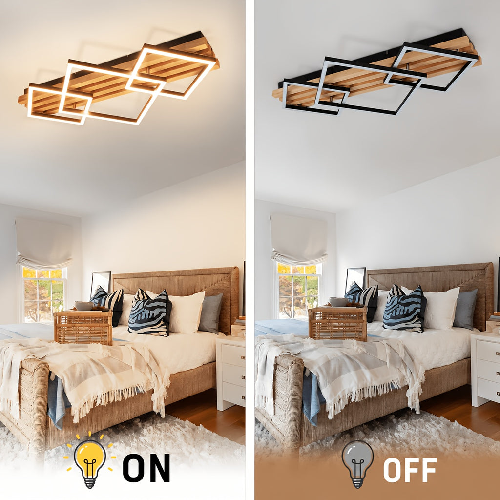 Plafonnier LED bois et cadres noirs, 2 ou 3 cadres, télécommande