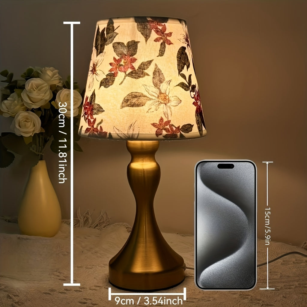 Lampe de chevet abat-jour à fleurs rouges, pied doré en sablier