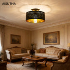 Plafonnier noir abat-jour tambour en tissu ajouré, intérieur doré