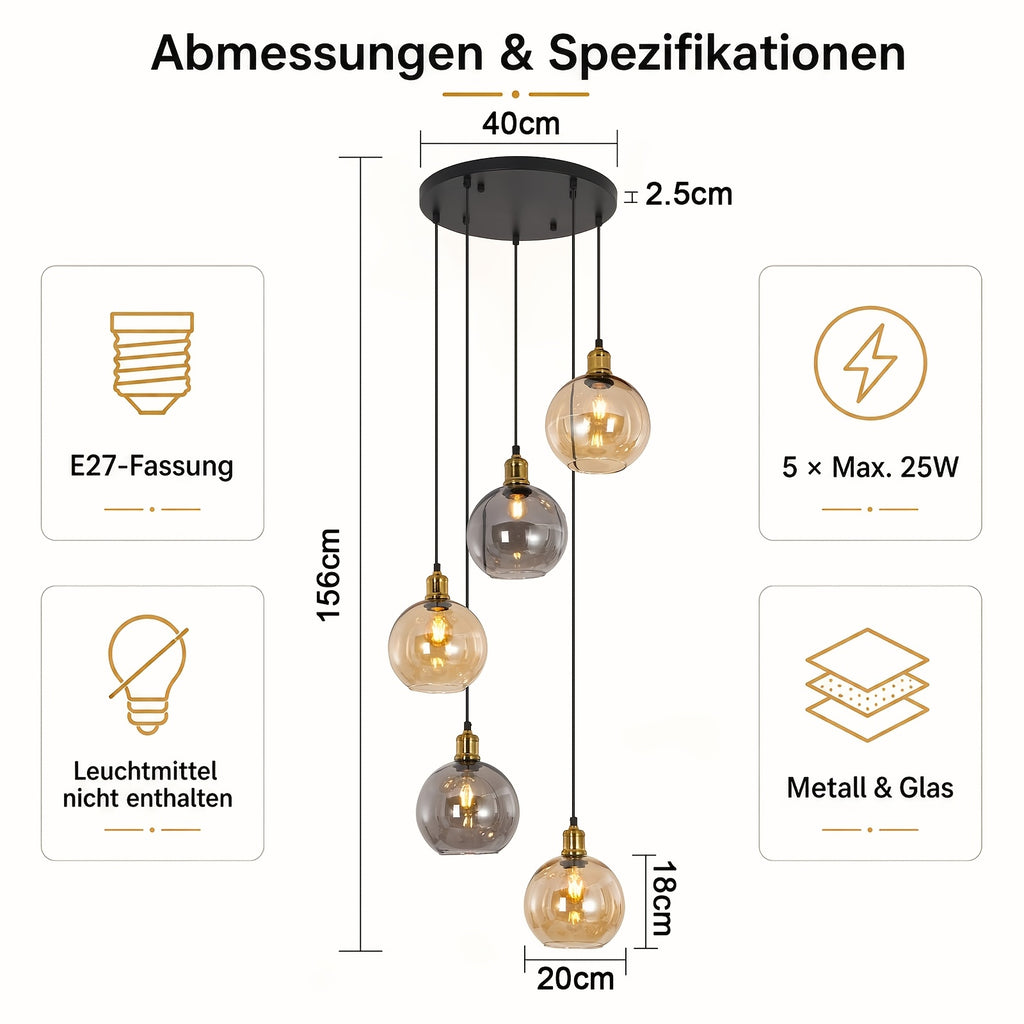 Suspension cascade 5 globes en verre ambré et fumé, hauteur 156 cm