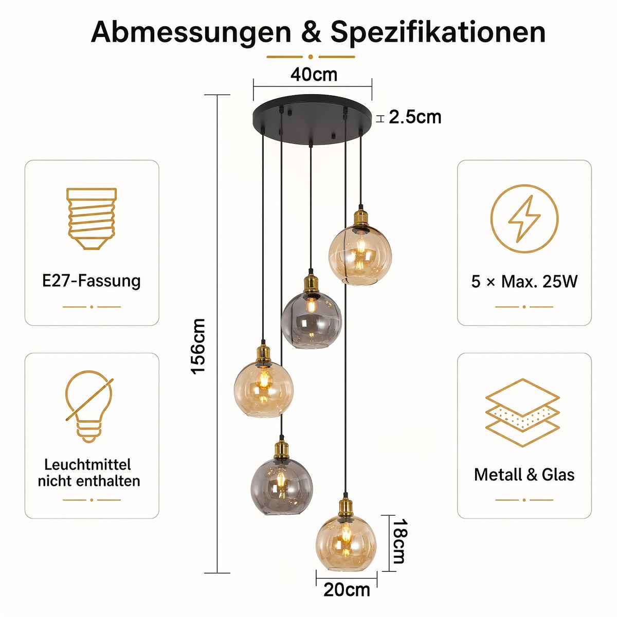 Suspension cascade 5 globes en verre ambré et fumé, hauteur 156 cm