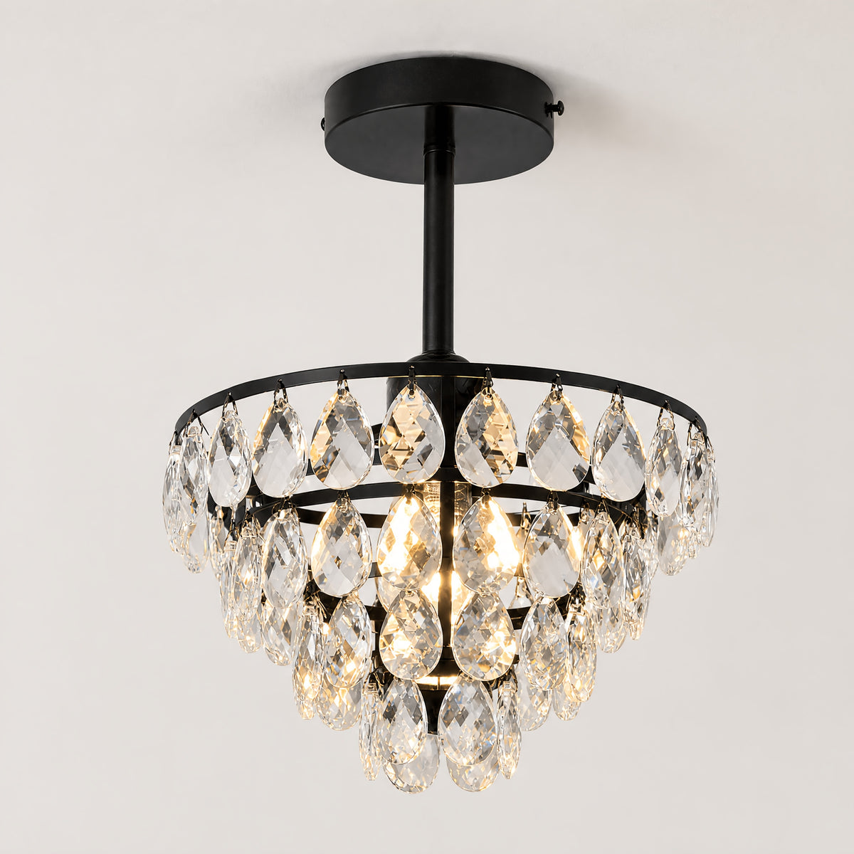 Lustre de cristal sur tige courte, doré ou noir, Ø 24,8 cm
