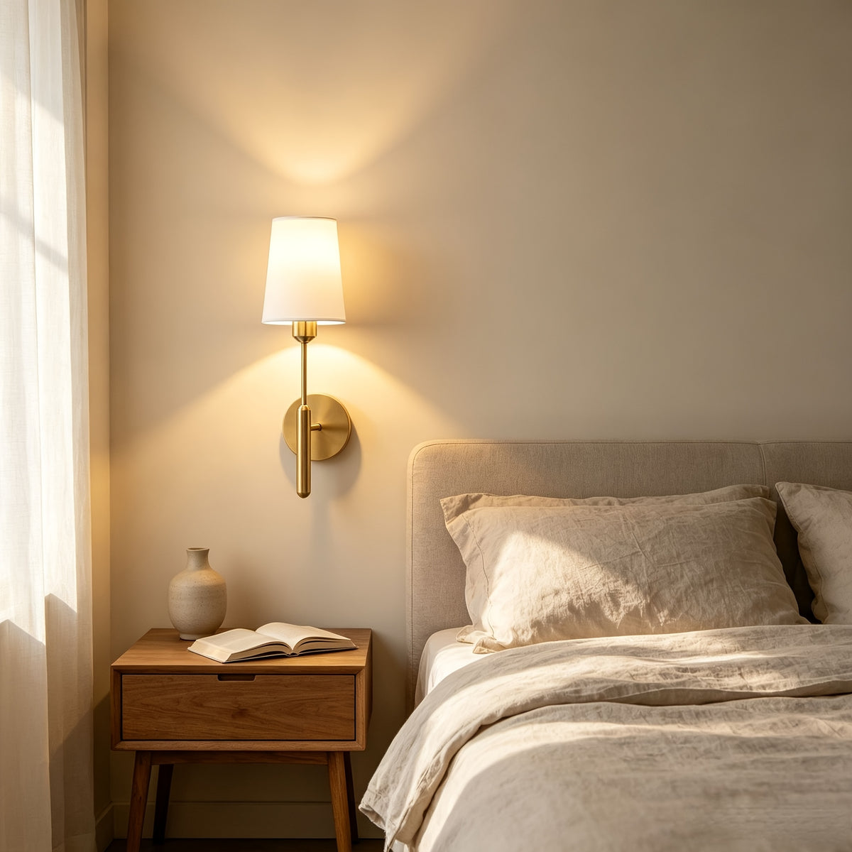 Applique murale à abat-jour en tissu blanc, doré brossé ou noir mat