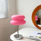 Lampe à poser rose en forme de macaron, pied chromé, 30 cm
