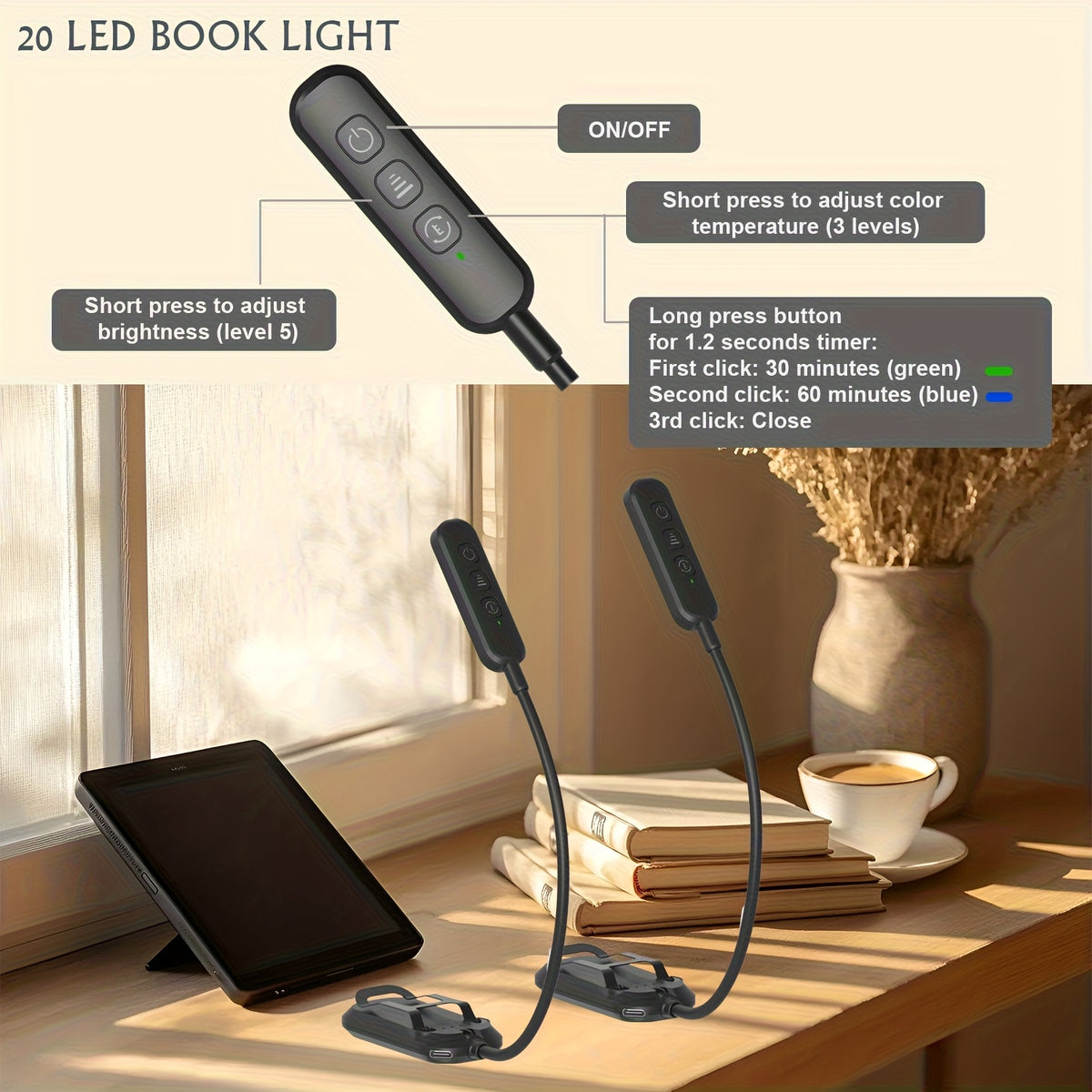 Lampe de lecture à pince 20 LED de 54 g, lumière ambrée 1600 K
