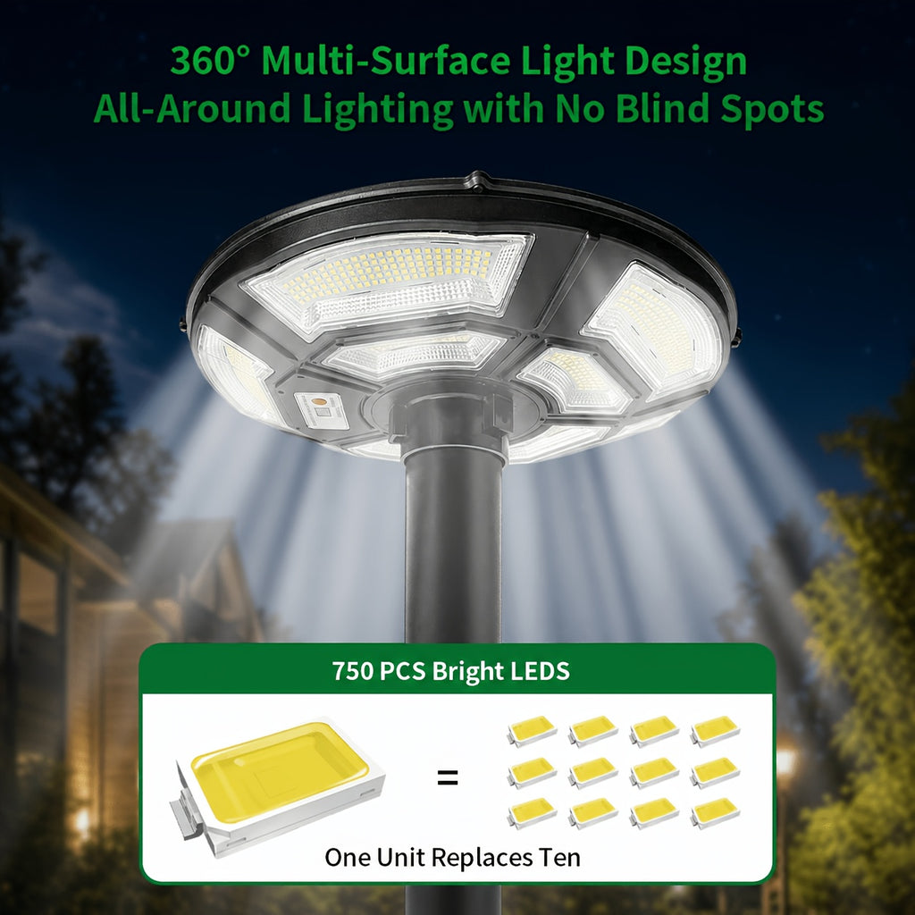 Tête de lampadaire solaire Ø 42 cm, 750 LED, détecteur de mouvement