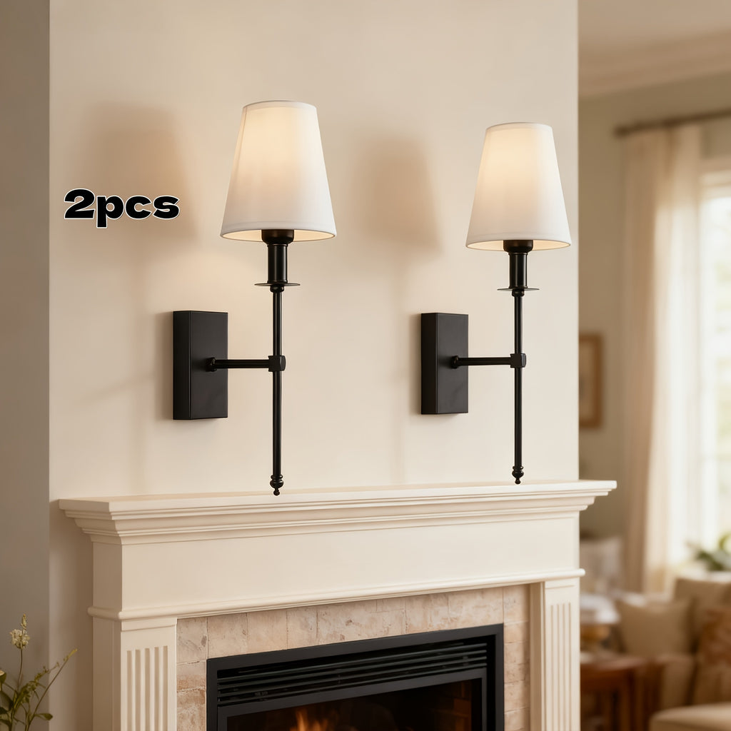 Lot de 2 appliques murales noires, abat-jour conique en tissu