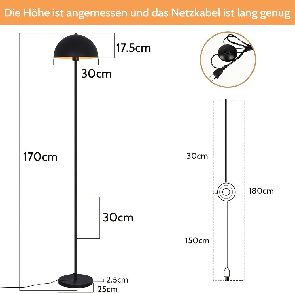 Lampadaire de bureau dôme noir et or, socle épais de 25 cm