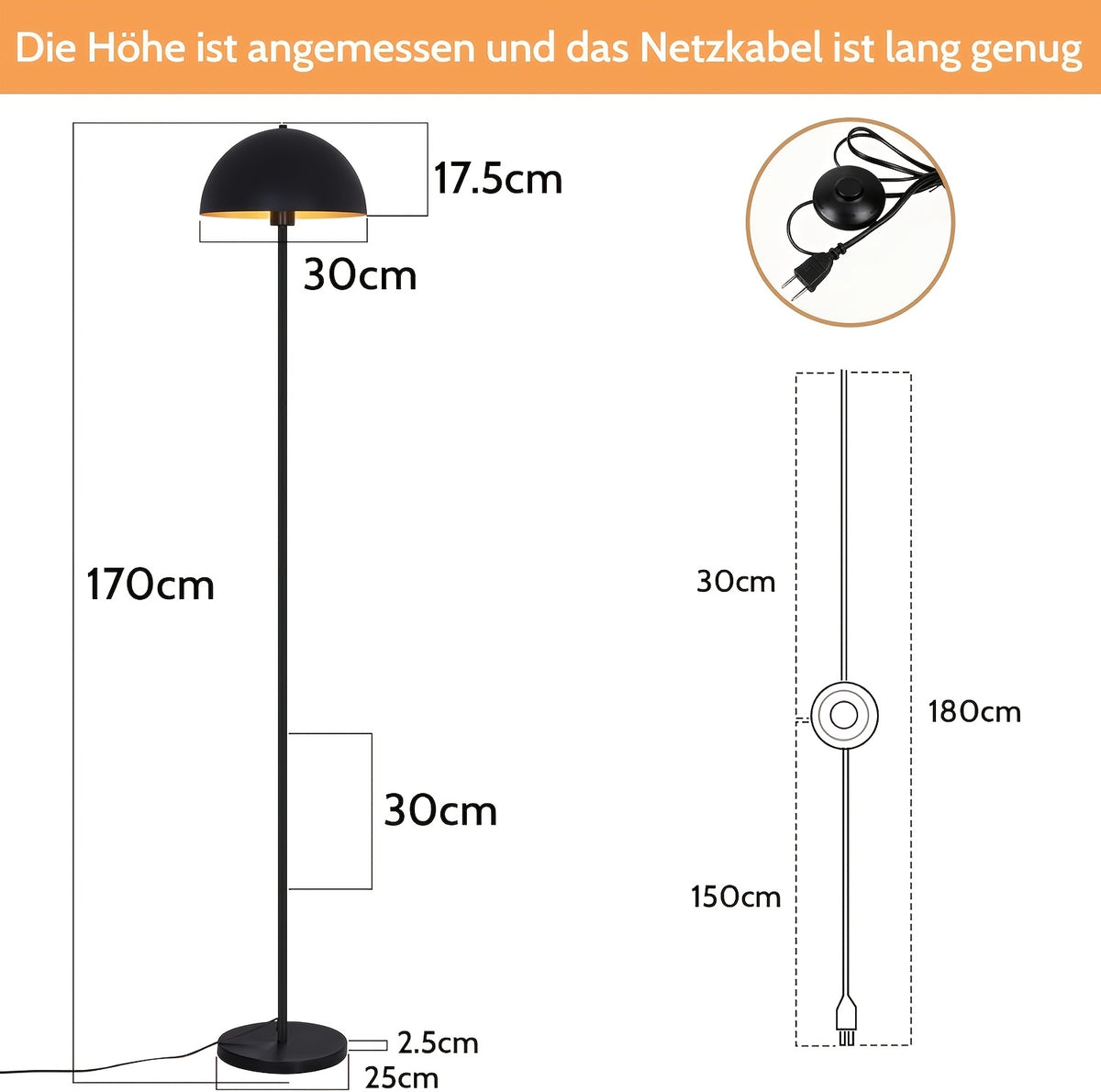 Lampadaire de bureau dôme noir et or, socle épais de 25 cm