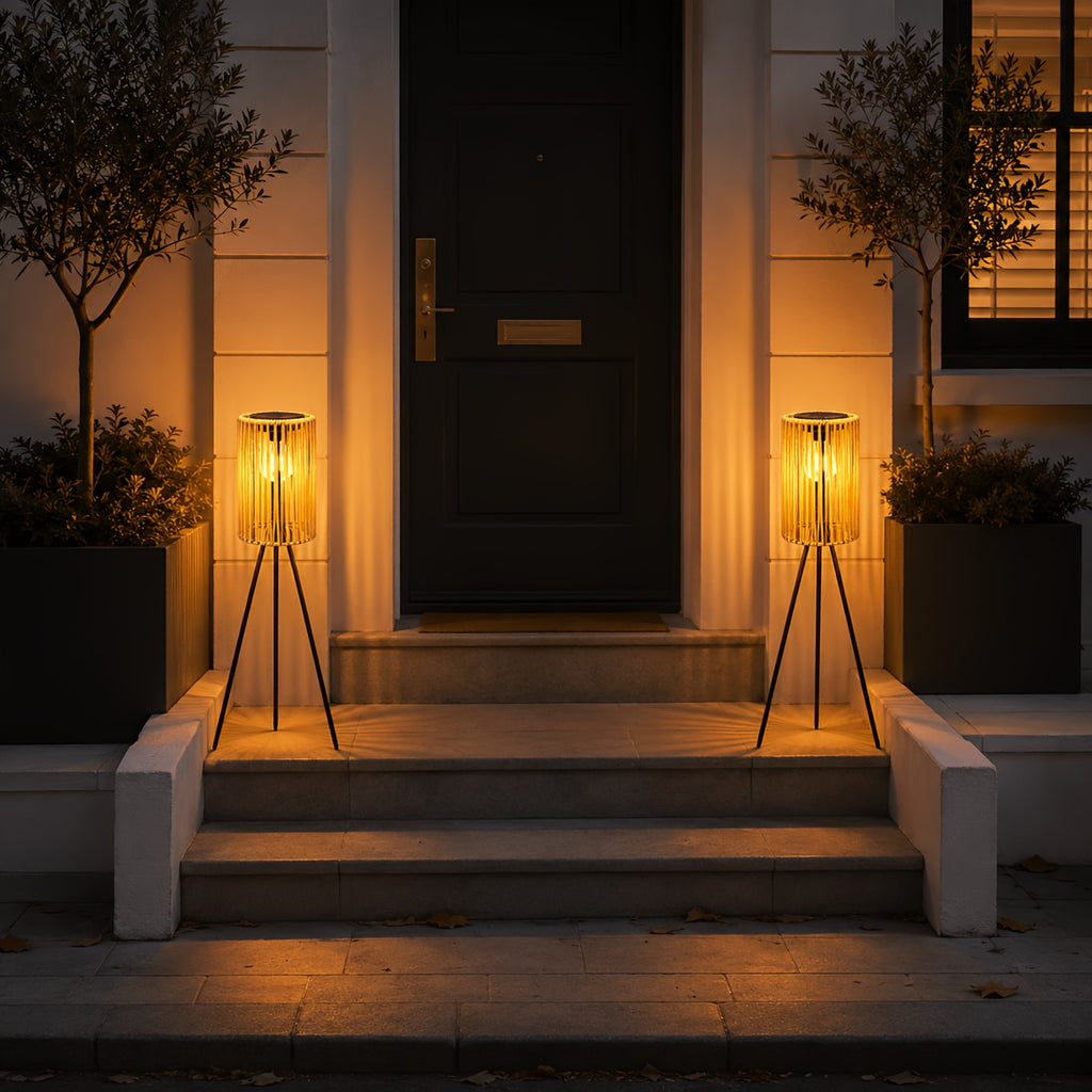 Lampadaire solaire trépied 78 cm, lanterne tressée effet rotin