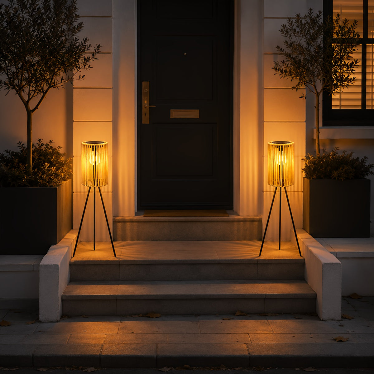 Lampadaire solaire trépied 78 cm, lanterne tressée effet rotin