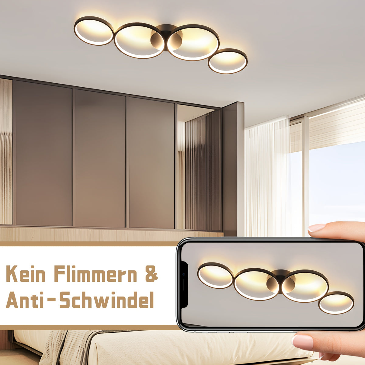 Plafonnier LED 4 anneaux noir ou blanc, 88 ou 100 cm, ou suspendu